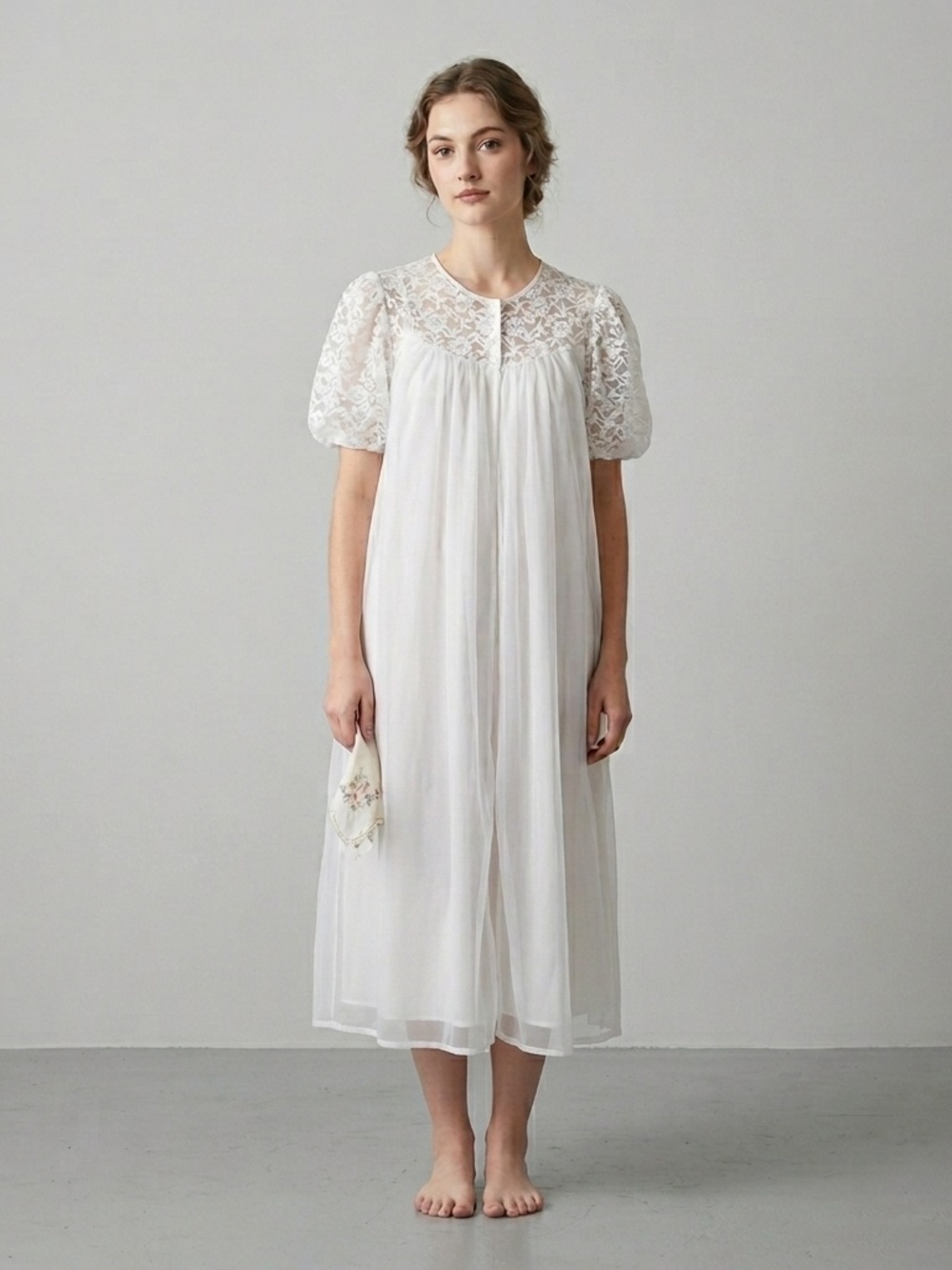 Vintage 60s Queentex White Double Layered Semi-Sheer Chiffon Robe Peignoir - M/L